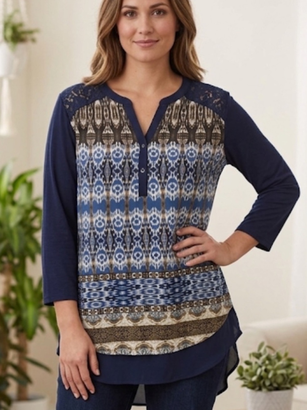 Blue Relaxed Graphic Tunic with 3/4‎ Sleeves
